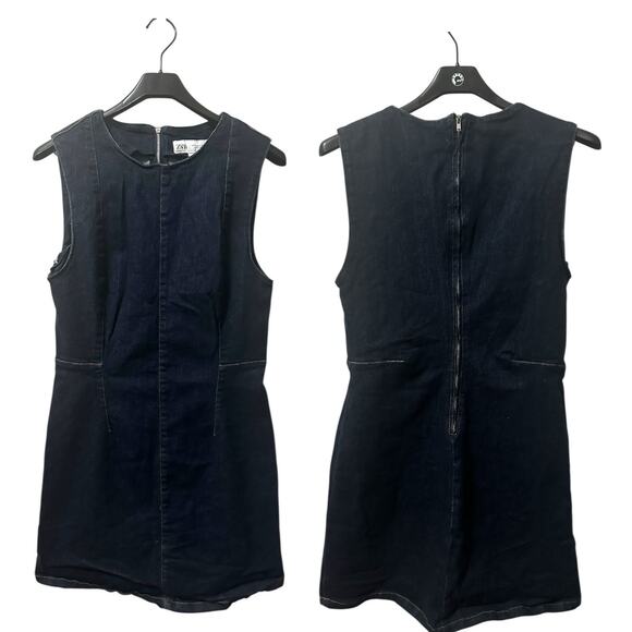 ZARA Denim Mini Dress Women’s XL Dark Wash Sleeveless Fitted Round Neck Zip Back - Picture 1 of 5
